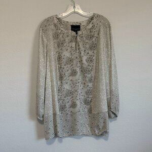 Cynthia Rowley Long Sleeve Round Neck Keyhole White/Gray Floral Blouse Size 3X.